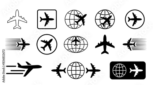 Mega set of transportation and travel icons featuring various airplane symbols, silhouettes, and global flight paths, ideal for aviation, tourism, and logistics design projects