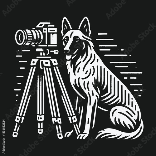 German Shepherd dog posing next to a vintage camera on a tripod vector illustration.