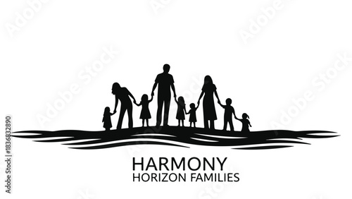 Diverse family silhouettes holding hands, representing unity and togetherness on a serene horizon.