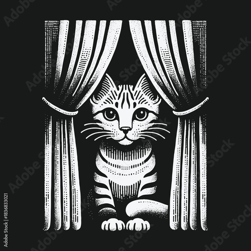 Curious tabby cat peeking from behind parted curtains illustration.