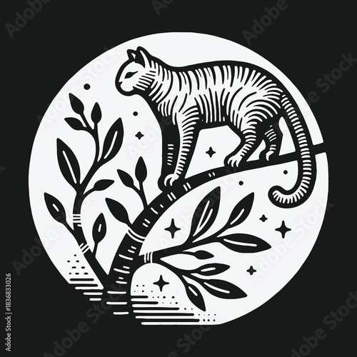 Stylized graphic illustration of a tiger on a tree branch at night.