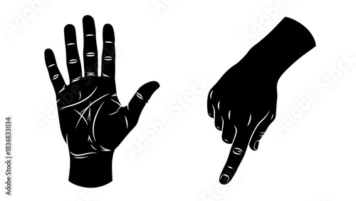 Black Silhouette Vector Illustration Set of Human Hands, Showing Open Palm Gesture and Pointing Index Finger Downwards