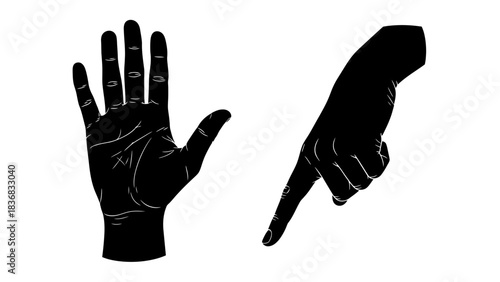 Black Vector Silhouette Illustration of Hand Gestures: Open Palm Stop Sign and Pointing Index Finger Downwards