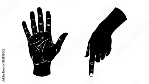 High Contrast Black Vector Set of Human Hand Gestures: Open Palm with Lines and Hand Pointing Downward