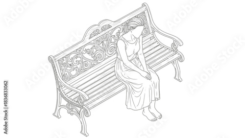 Detailed line art vector illustration of a sad and lonely woman sitting barefoot on an ornate Victorian park bench, isolated on white.