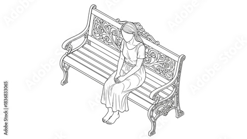 Line Art Illustration of a Woman Sitting Alone on a Vintage Ornate Park Bench