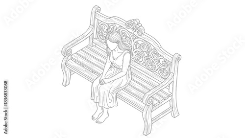 Outline Vector Illustration of a Woman Sitting Barefoot on an Ornate Wooden Park Bench (Isometric View)