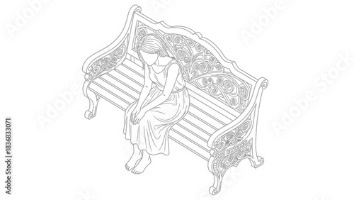 Outline Vector Illustration of Sad Woman Sitting Alone on Ornate Vintage Park Bench