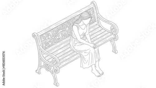 Outline Vector Illustration of a Sad Woman Sitting Barefoot on an Ornate Park Bench