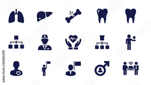 Medical, Healthcare, and Business Vector Icons Set. Collection of solid glyphs representing human organs, professionals, structure, and communication symbols.