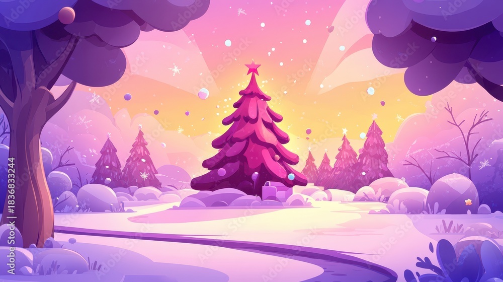 Fototapeta premium A whimsical winter scene showcases a tall pink Christmas tree topped with a star, set against a snow-covered ground and distant evergreen trees under a pastel sky.