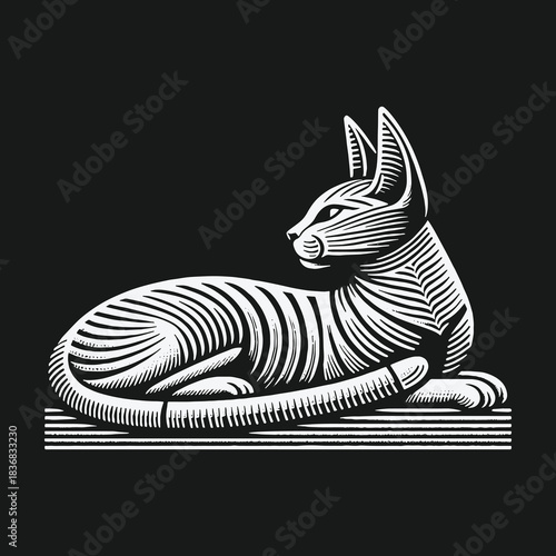 Stylized Egyptian cat in a black and white engraving style.