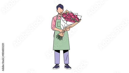 Florist Holding Large Pink Flower Bouquet in Apron Vector Illustration