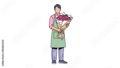 Male Florist Holding a Large Bouquet of Pink Flowers Vector Illustration