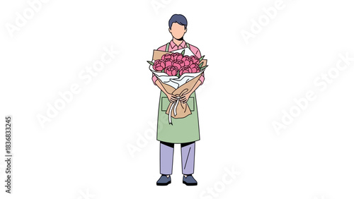 Florist Holding Large Bouquet of Pink Peonies Vector Illustration