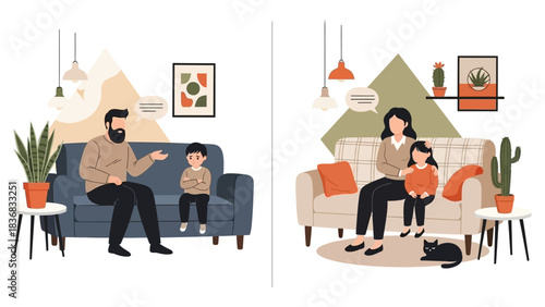 Parenting communication styles contrast vector illustration: Father talking to unhappy son versus mother comforting daughter on a sofa at home