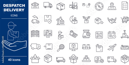 40 Line Style Despatch and Delivery Icons Logistics, Warehousing, Tracking and E commerce Fulfillment