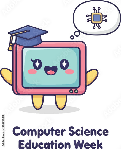 Adorable kawaii computer character wearing graduation cap celebrating computer science education week, Generative Ai