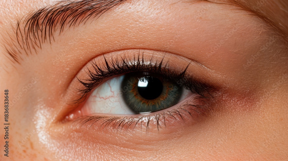 Obraz premium A close-up of a human eye revealing intricate textures of the skin, eyelashes, and a green-brown iris.