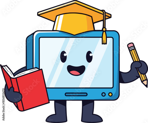 Adorable cartoon computer character wearing a graduation cap holding a book and pencil symbolizing education and learning, Generative Ai