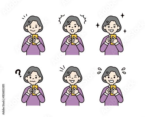 スマートフォンを操作する、様々な表情のおばあさん・祖母のベクターイラスト素材セット＿カラー