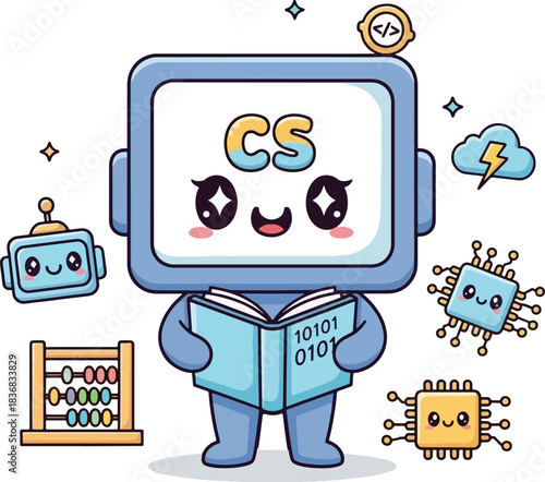 Adorable kawaii computer science robot character holding a book surrounded by educational technology icons, Generative Ai
