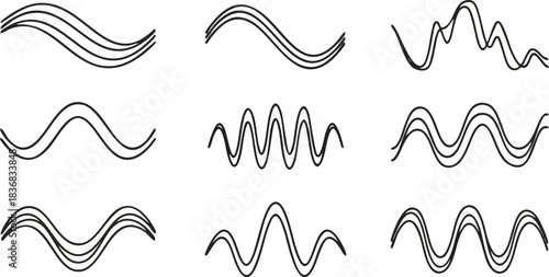 A collection of nine distinct wavy line patterns, illustrating various wave forms and oscillations in a graphic design context.