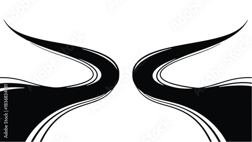 Abstract black flowing lines create a symmetrical, modern design on a white background.