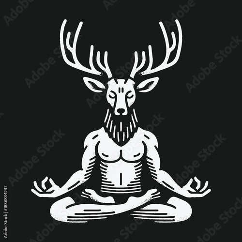Anthropomorphic Stag Character Practicing Spiritual Meditation.