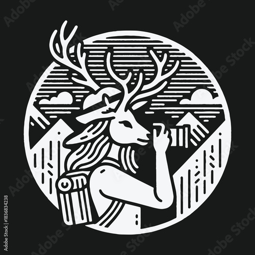 Anthropomorphic Deer Woman Hiker with Backpack in Mountains Illustration.