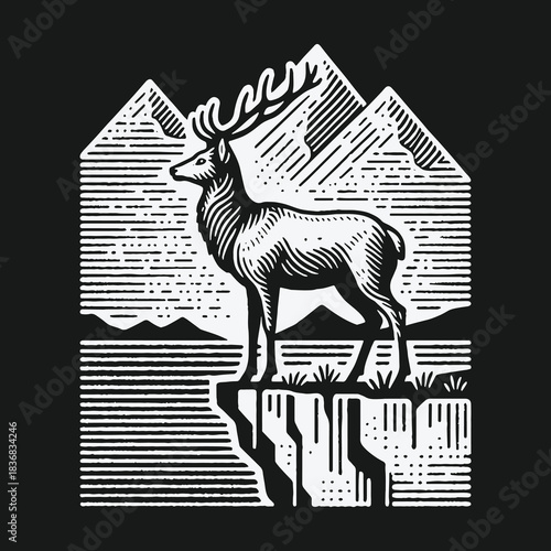Majestic stag standing on a cliff with mountain background illustration.
