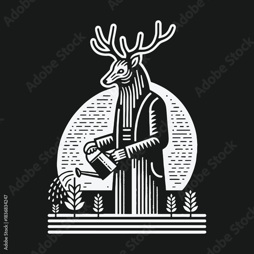 Anthropomorphic Deer Character Watering Young Plants Illustration.