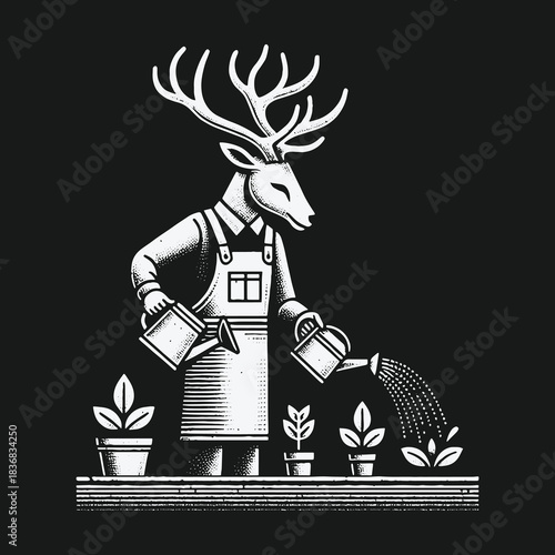Linocut style graphic of an anthropomorphic deer tending to his garden.