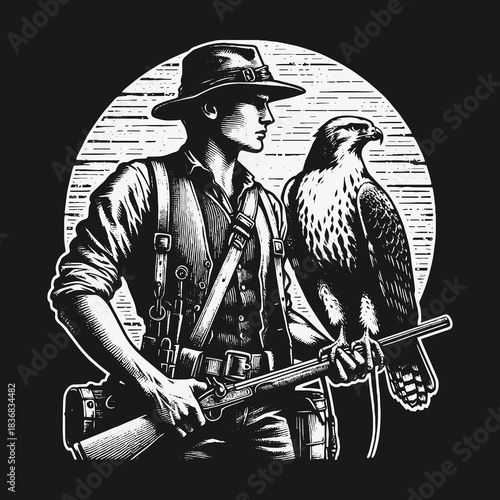 Monochrome Illustration of a Hunter with his Falcon and Rifle.