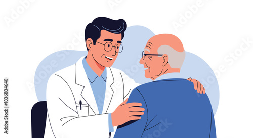 Friendly and reassuring male doctor smiling and placing a comforting hand on the shoulder of an elderly male patient during a consultation.
