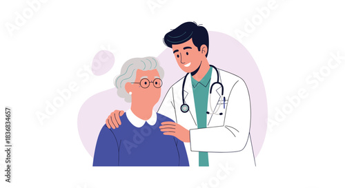 A kind young male doctor provides comfort and support to an elderly female patient by placing a gentle hand on her shoulder.