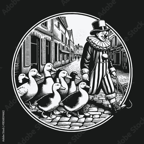 Vintage black and white illustration of a whimsical clown leading a flock of ducks down a cobblestone street.