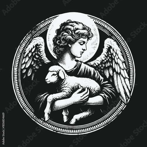 Vintage Black and White Illustration of an Angel Holding a Lamb.