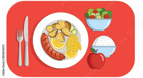 Top-down view of a balanced meal on a red placemat, featuring sausage, potatoes, corn, salad, rice, and an apple with cutlery.