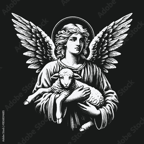 Serene Angel Holding a Lamb Black and White Illustration.