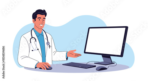 Friendly male doctor sitting at a desk and gesturing towards a blank computer screen, perfect for presenting medical information online.