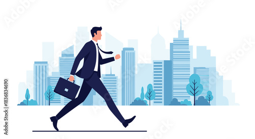Ambitious businessman in a formal suit with a briefcase walking briskly through a stylized modern city skyline, depicting a career.