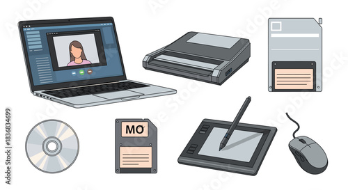 A set of various retro and modern computer peripherals, including a laptop, scanner, floppy disk, CD, and a graphics tablet.