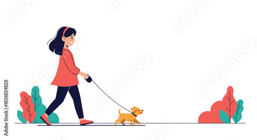 Young woman in a red shirt enjoying a pleasant walk with her small, happy yellow puppy on a leash through a park with stylized bushes.