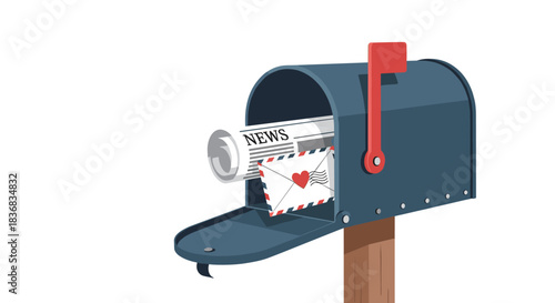 Classic blue mailbox on a wooden post, open to reveal a rolled newspaper and a white love letter sealed with a red heart, isolated on white.