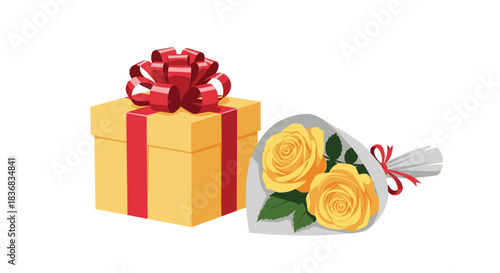 Elegant yellow gift box tied with a vibrant red ribbon bow, beside a beautiful bouquet of two yellow roses, perfect for a special celebration.