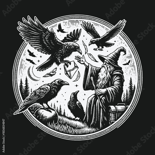 Vintage black and white illustration of a wizard with ravens and magic.