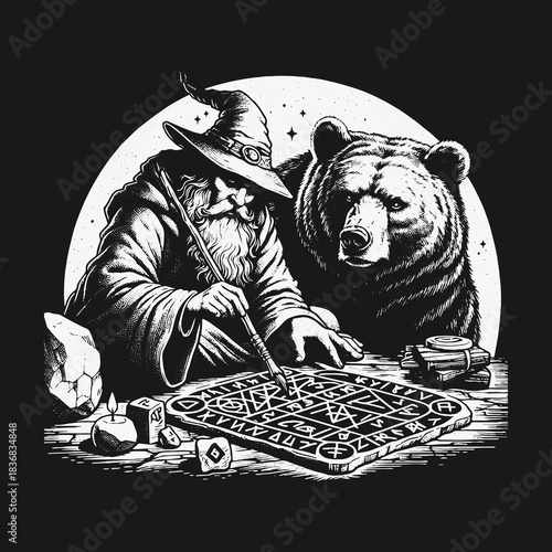 Wise old wizard with a bear companion playing a strategic fantasy board game.