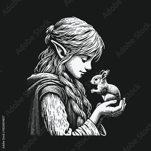 Gentle elf maiden tenderly holding a tiny furry creature in her hands.