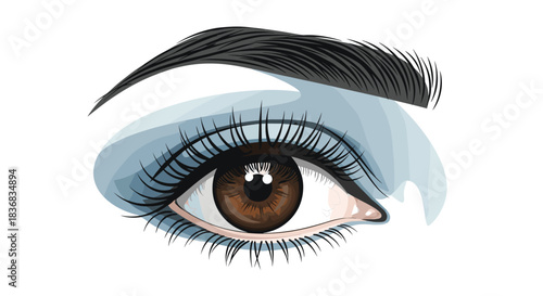 Detailed and beautiful close-up illustration of a woman's brown eye with long black lashes, a perfectly shaped eyebrow, and blue eyeshadow.